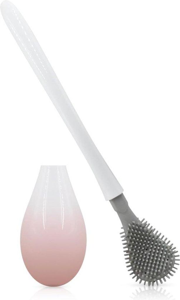 Silikon- Toiletbürste, lange Bürstensteel, keine abgestorbenen Bürsten, Badkammbürsten und Halterset (4 # rosa)
