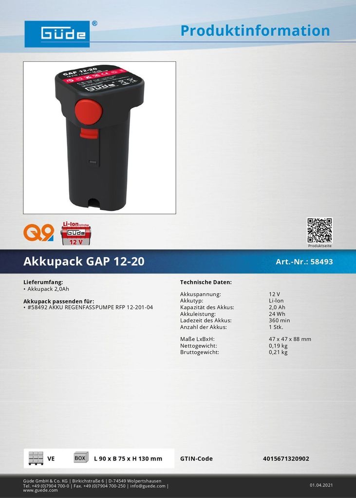 Güde GmbH AKUMULÁTOR GAP 12-20 58493 Obrázok produktu 3