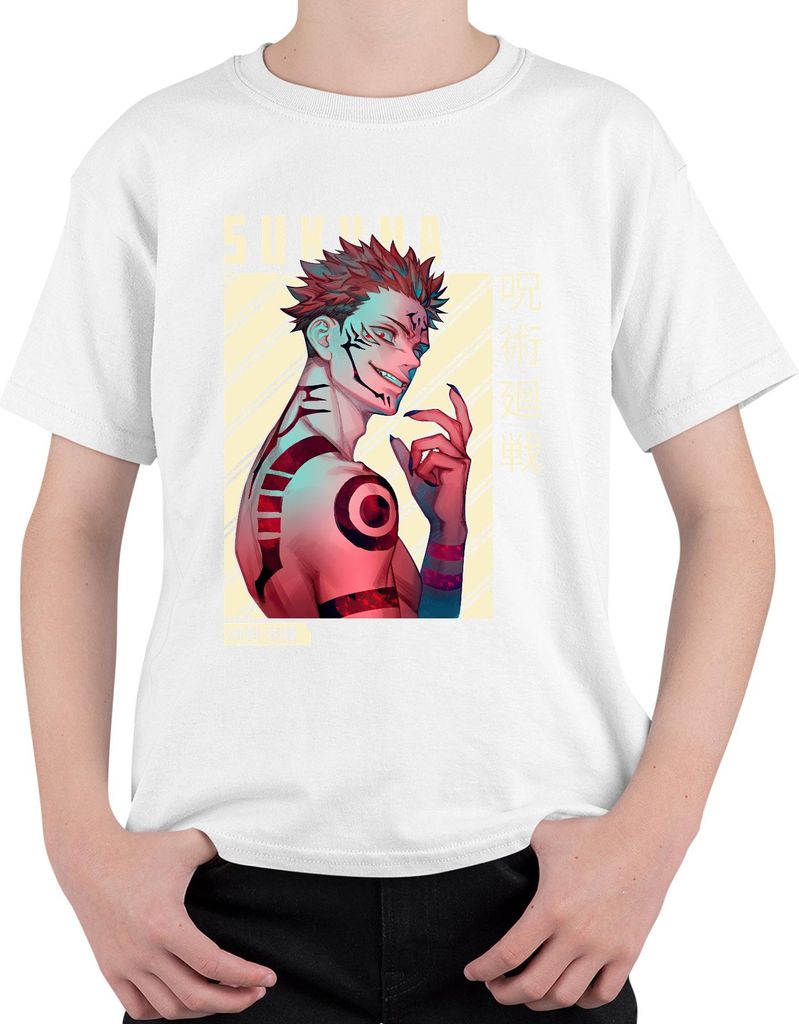 Sukuna Jujutsu Kaisen König der Flüche Anime rote Augen düster Uni Kinder T-Shirt, Weiß, 116