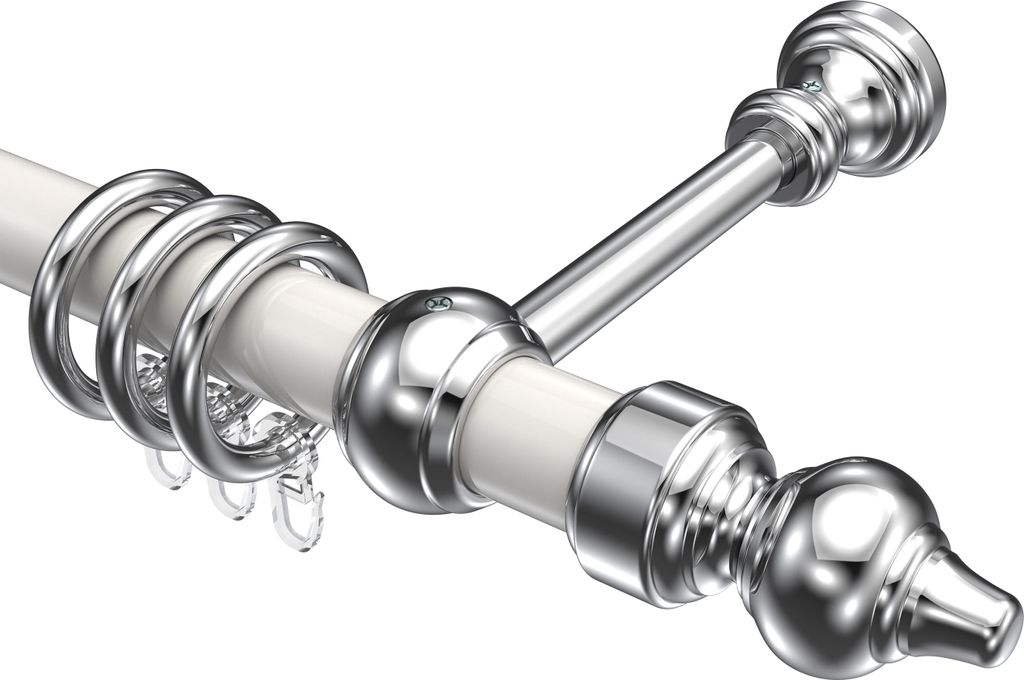 Interdeco Gardinenstange / Vorhangstange Weiß / Chrom-farbig, Typ Classic Rondo (Rillenform), 28 mm Ø 1-läufig, 180 cm