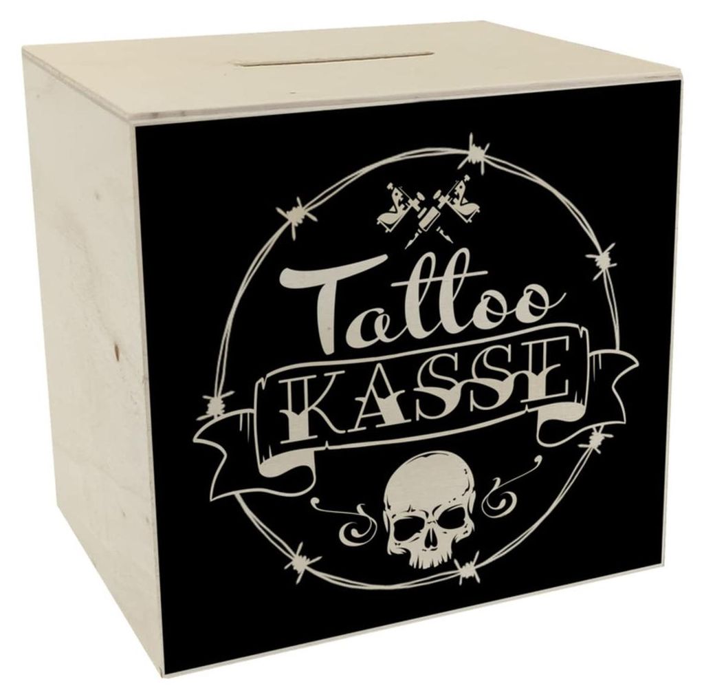Spardose aus Holz mit schwarzen Tattoo-Motiven.