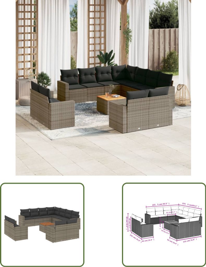 The Living Store 12-tlg. Garten-Sofagarnitur mit Kissen Grau Poly Rattan