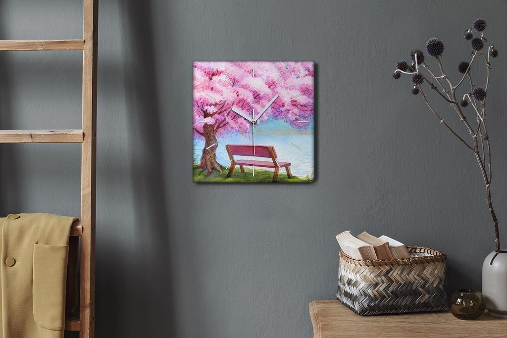 Coloray Hodiny Unikátní 30x30 cm Tiché hodiny Pro obývací pokoj a kuchyň Nástěnné hodiny Plátno Bílé ručičky hodin - Bench Tree Flowe...