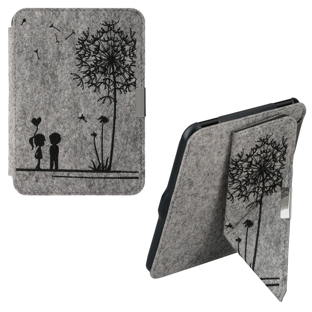 kwmobile Filz Hülle für Tolino Vision 1 / 2 / 3 / 4 HD - Cover eReader Case mit Standfunktion Magnetverschluss - Schwarz Hellgrau Pusteblume Love