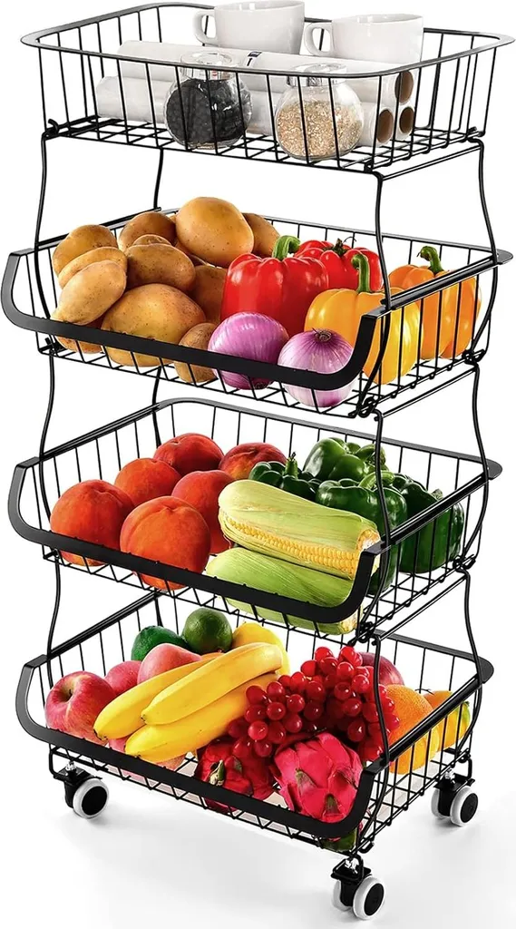 Gagnez de la place avec ce bac à légumes 4 étages mobile en métal noir