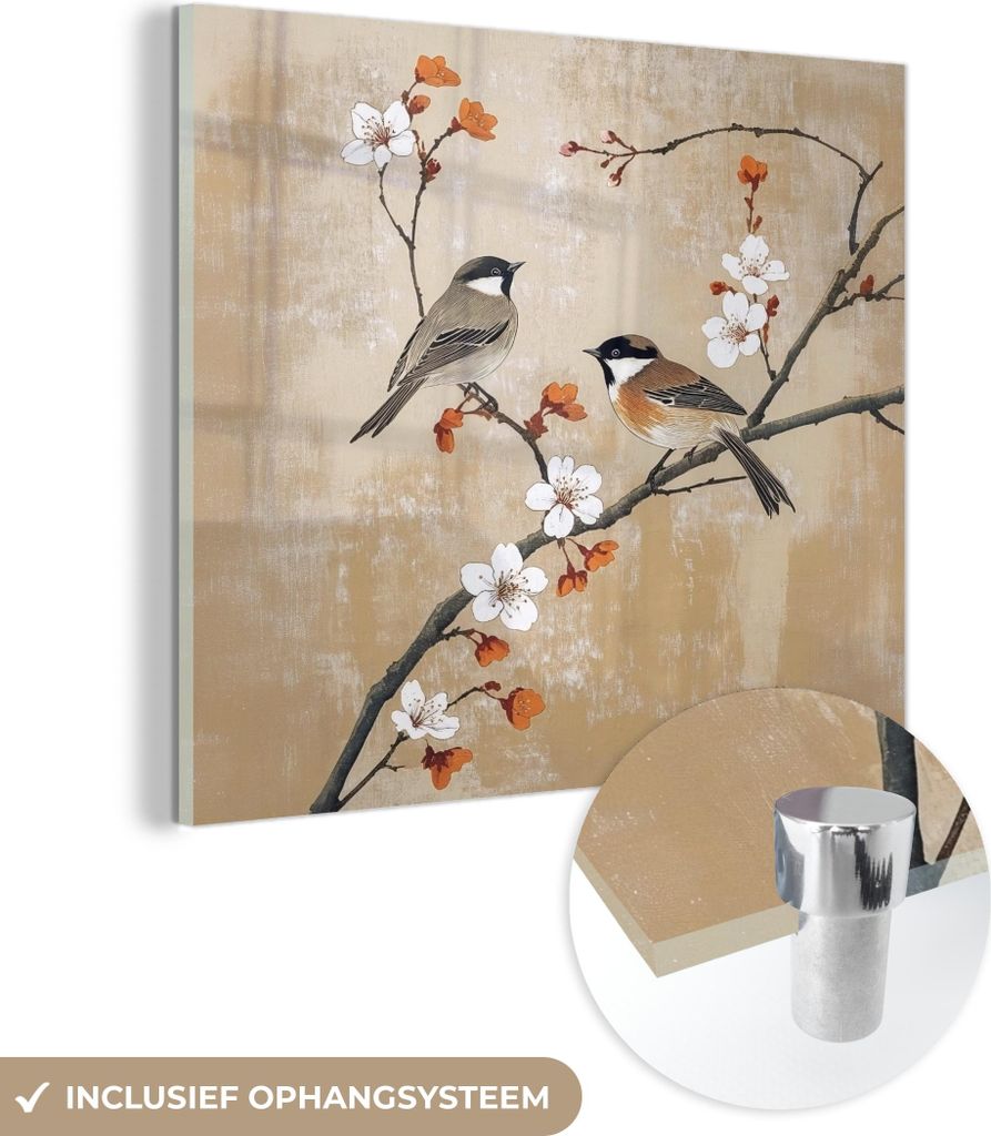 MuchoWow Glasbilder - Bilder auf Wandbild - Foto auf Glas Vögel - Blütenzweig - Orange 40x40 cm Wanddekoration aus Glas - Acrylglasbild - Acrylbi...