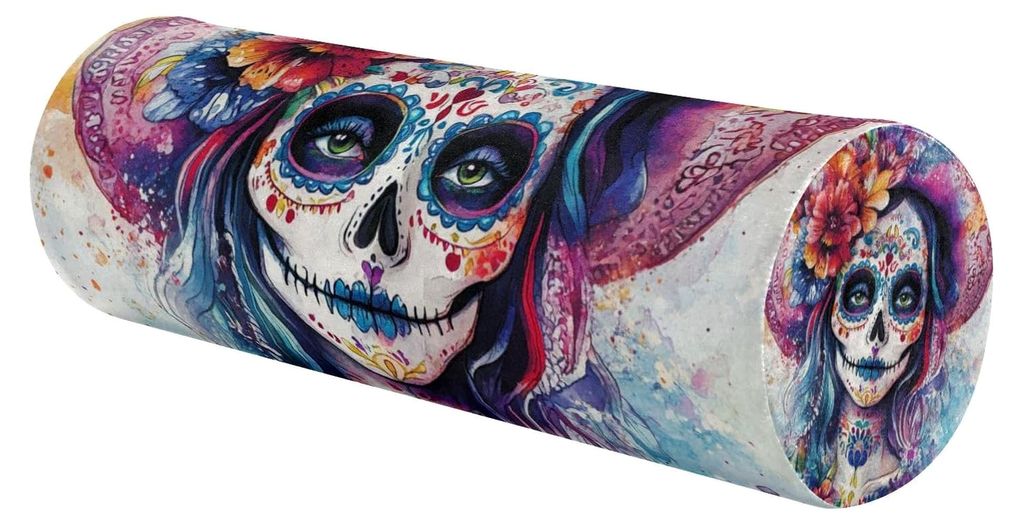 Mexikanisches dekoratives Nackenrolle für Dia De Los Muertos, Memory-Schaum, zylindrisches Nackenkissen, Rückenstütze, Schlafkissen