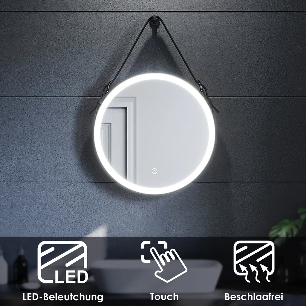 Miroir Mural Rond avec Éclairage LED Tactile et Désembueur Intégré 60 cm