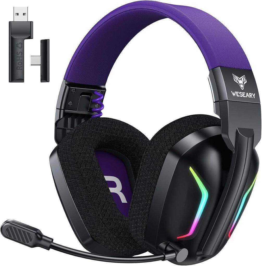 Gaming Headset für PS5, PS4, PC, Switch, Handy, Mac, Laptop, 2,4 GHz mit Noise Cancelling Mikrofon, 60H Akku, LED-Licht, Faltbar, Surround Sound