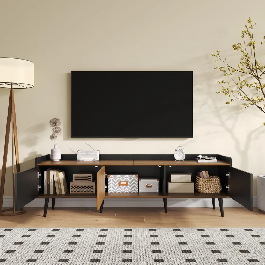Buffet bas multimédia bicolore 160 cm avec rangements fermés 3 portes