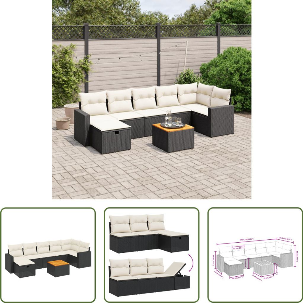 The Living Store 8-tlg. Garten-Sofagarnitur mit Kissen Schwarz Poly Rattan