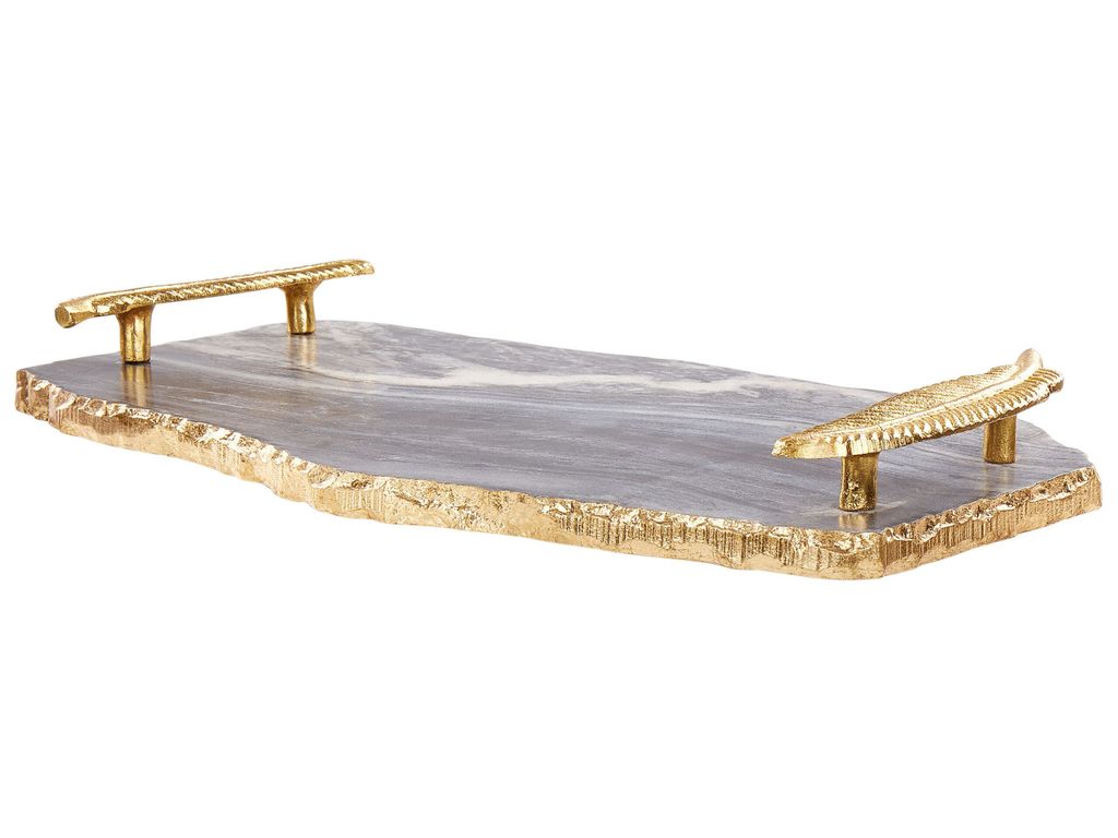 BELIANI Tablett Grau u. Gold Marmor Asymmetrisch mit Griffen Handgefertigt Modern Wohnzimmmer Schlafzimmer Deko Dekoschale Dekotablett Schmuckschale