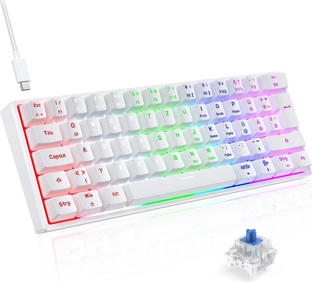 Gaming Tastatur, Mechanische Tastatur 60% TKL QWERTZ Blaue Schalter, Gamer Tastatur Kabelgebunden 61 Tasten für PC Windows/PS5/PS4, Weiß