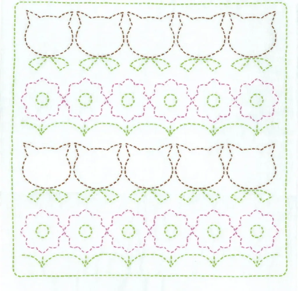 Kit Ricamo Giapponese Gatti e Fiori Olympus Sashiko 34x34cm