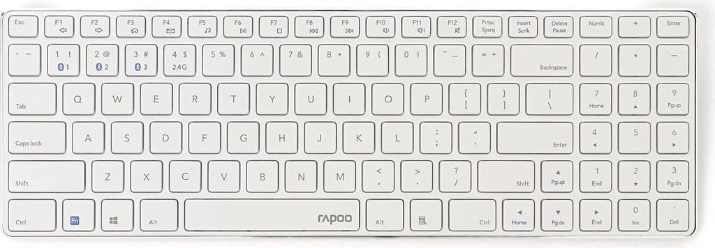 A white Rapoo E9100M wireless keyboard is shown from a top-down perspective on a white background.