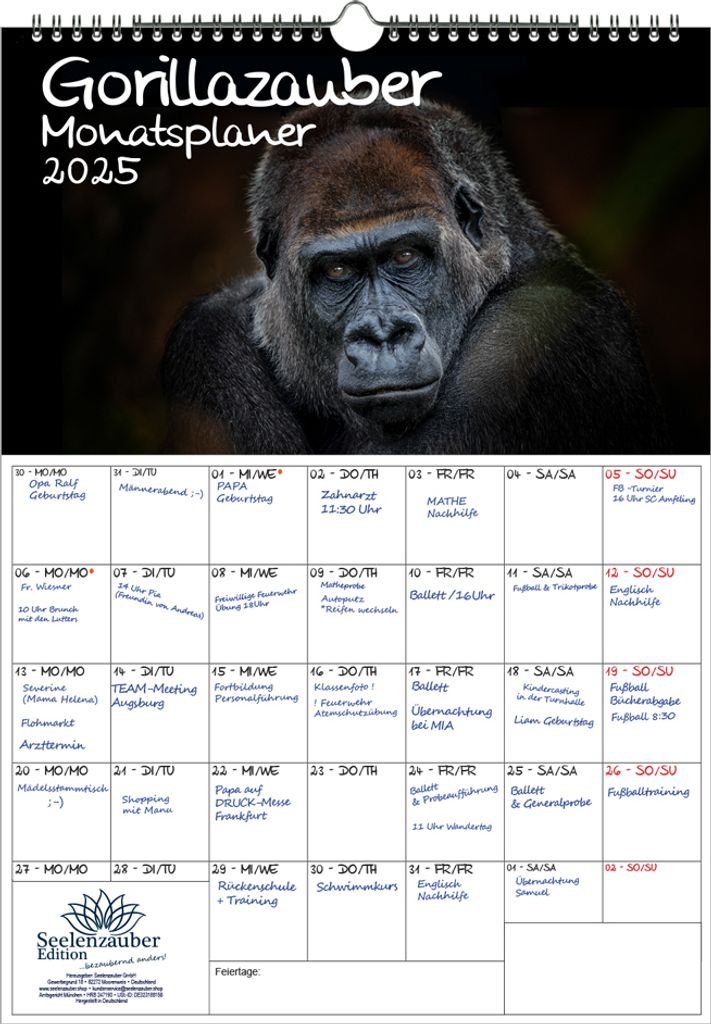 Gorillazauber Planer DIN A3 Kalender für 2025 Gorilla - Seelenzauber