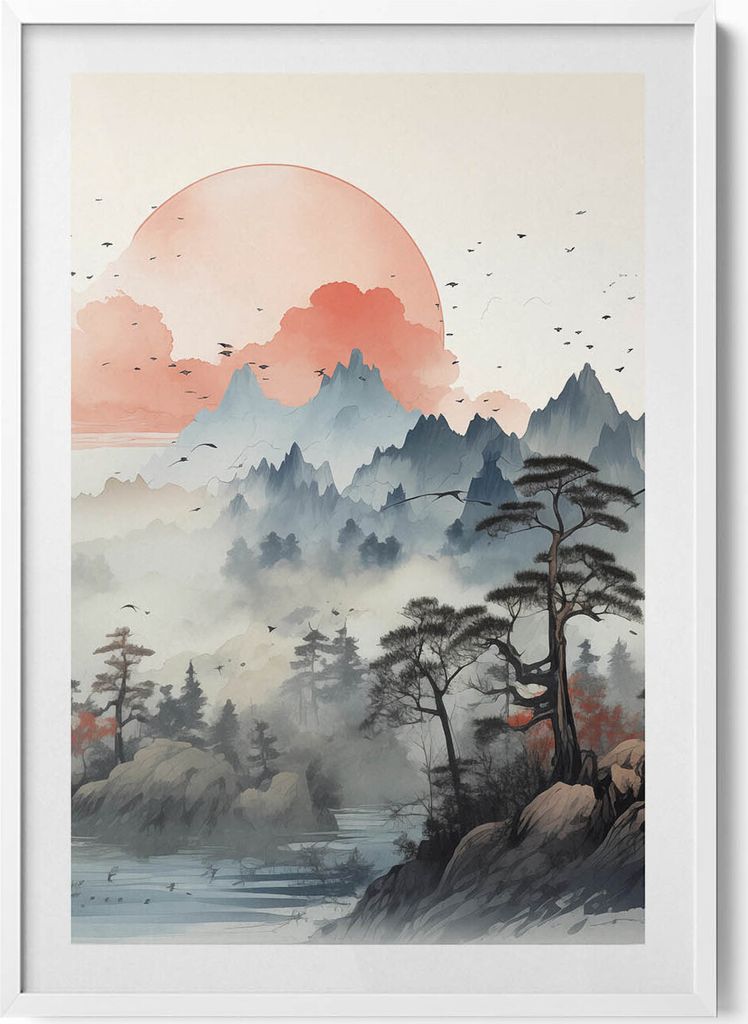 Bergwaldlandschaft im japanischen Stil– Wandbild mit Rahmen – Gerahmtes Bild – Wanddekoration – 70x100 cm – Weiß Rahmen