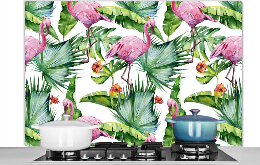 KitchenYeah Spritzschutz Küche - Küchenrückwand - Wandschutz für Herd und Spüle - Blätter - Flamingo - Blumen - Dschungel 120x80 - Alu-Dib...