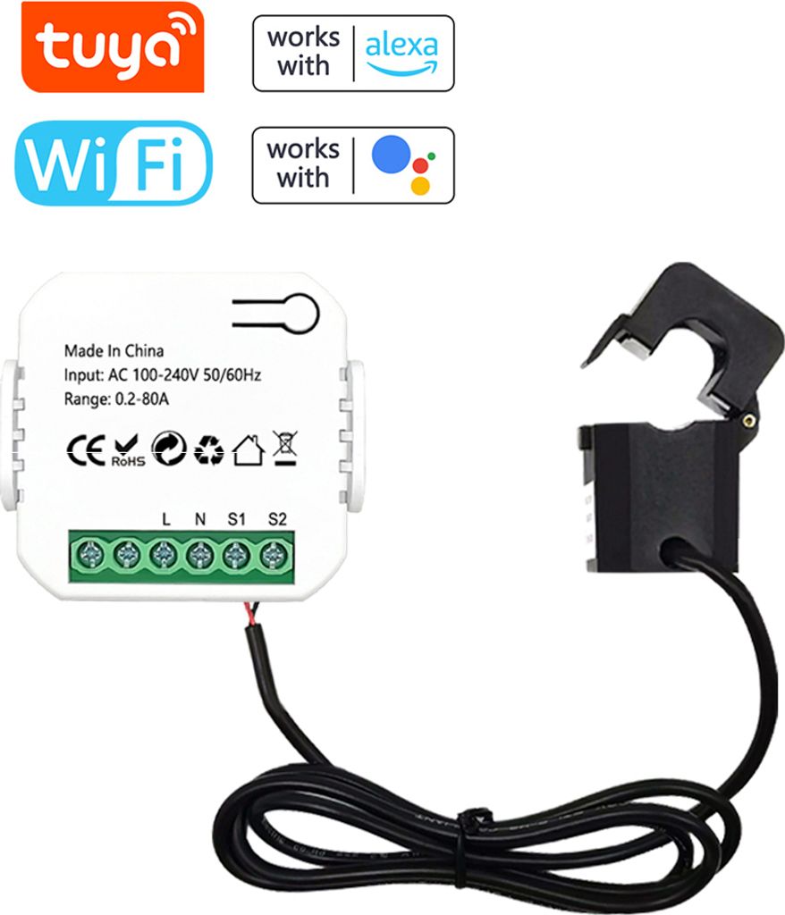 Tuya WiFi Energy Meter 80A Stromwandler Klemme KWh Power Monitor Elektrizität Statistik Überwachung Gerät kompatibel Alexa Home für Sprachsteue...