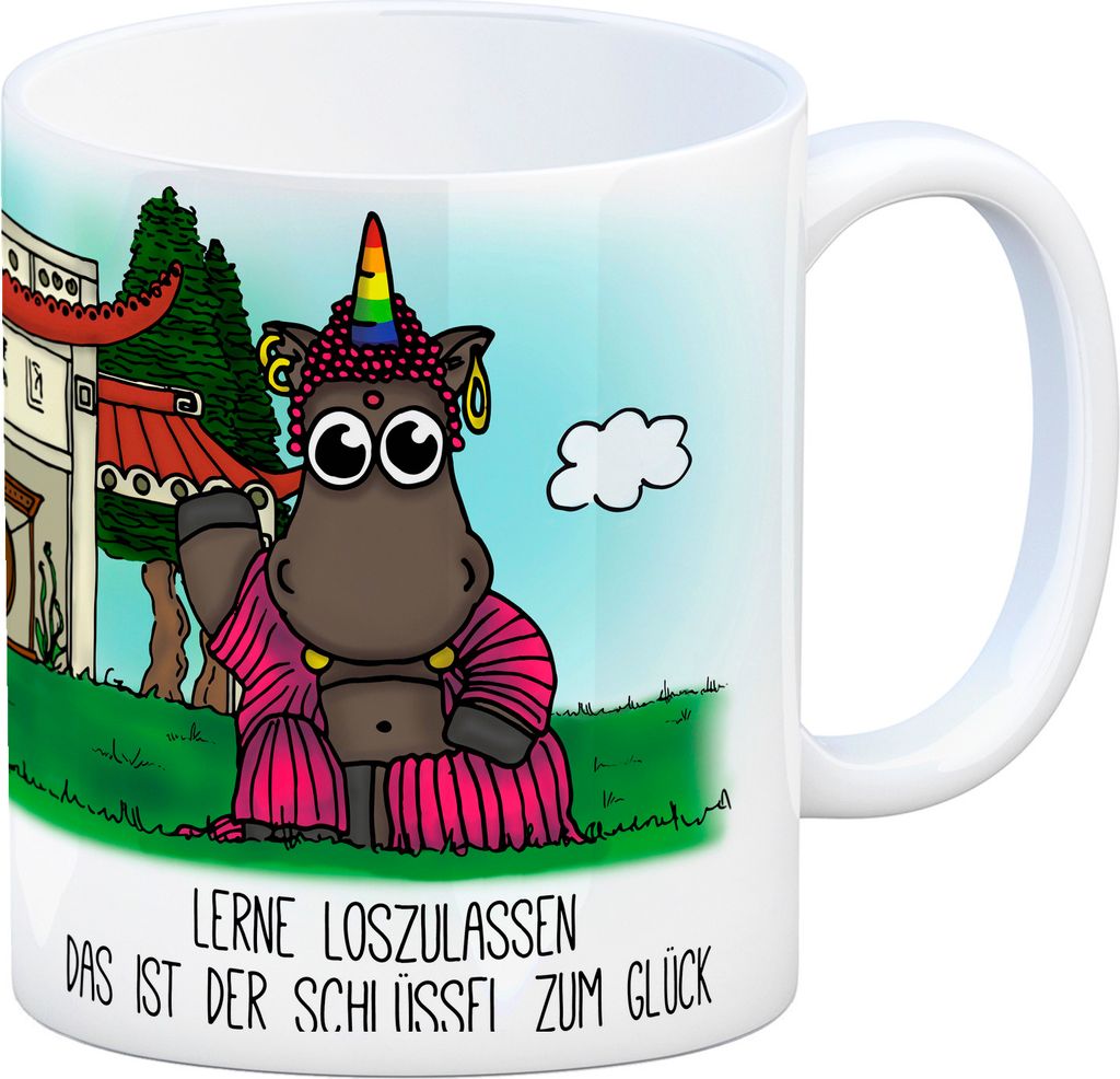 Honeycorns Kaffeebecher mit Einhorn Buddha Motiv und Spruch: Lerne loslassen