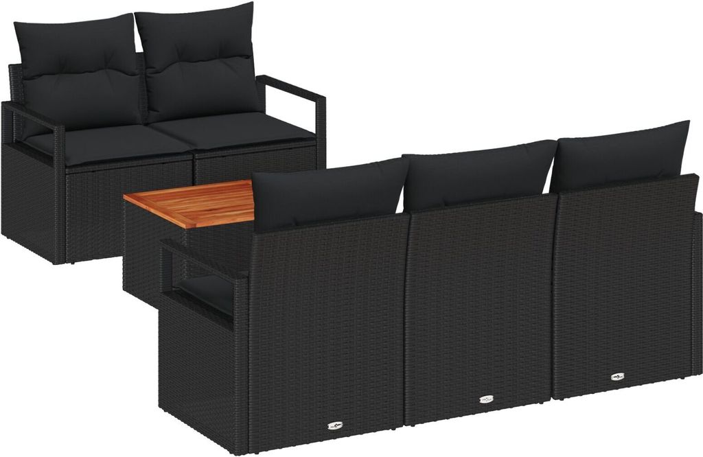 Möbel 6-teiliges Garten-Sofa-Set mit Kissen Schwarz Poly Rattan Akazie, 2-Sitzer Garten-Sofa mit Stauraum & Kissen Schwarz Poly Rattan - Gartensof...