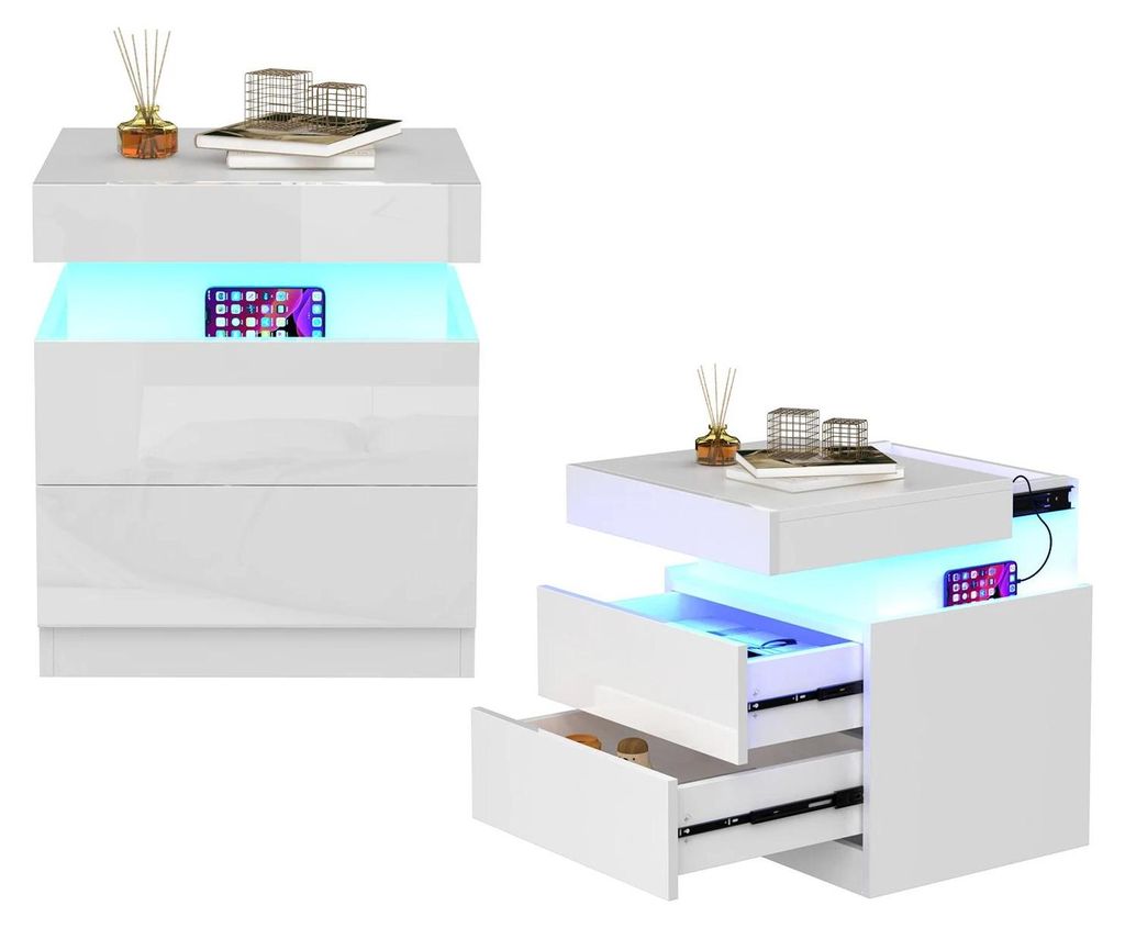 Nachttisch - Nachtkommode mit LED Beleuchtung - Integrierte Steckdose - 1 offenes Fach - 2 Schubladen - Weiß