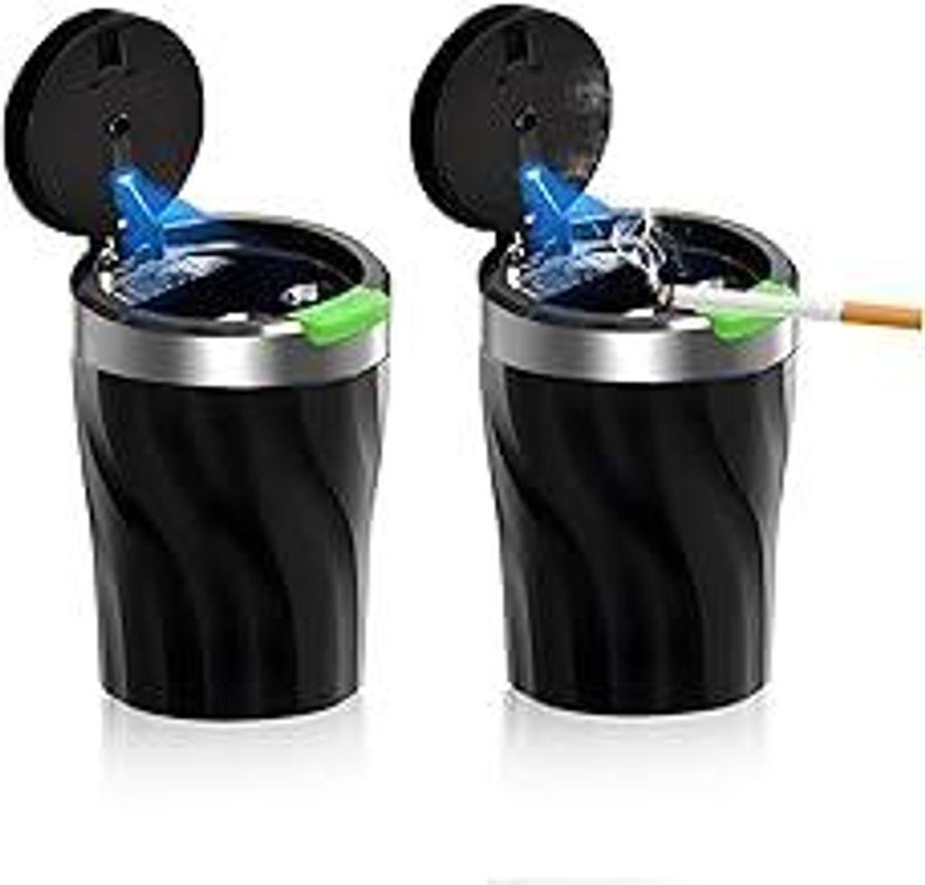 Aschenbecher Auto, 2 Stück Auto Aschenbecher mit Deckel, Auto Mülleimer mit LED Licht, Aschenbecher für Unterwegs Büro Heim, Tragbarer Edelstah...