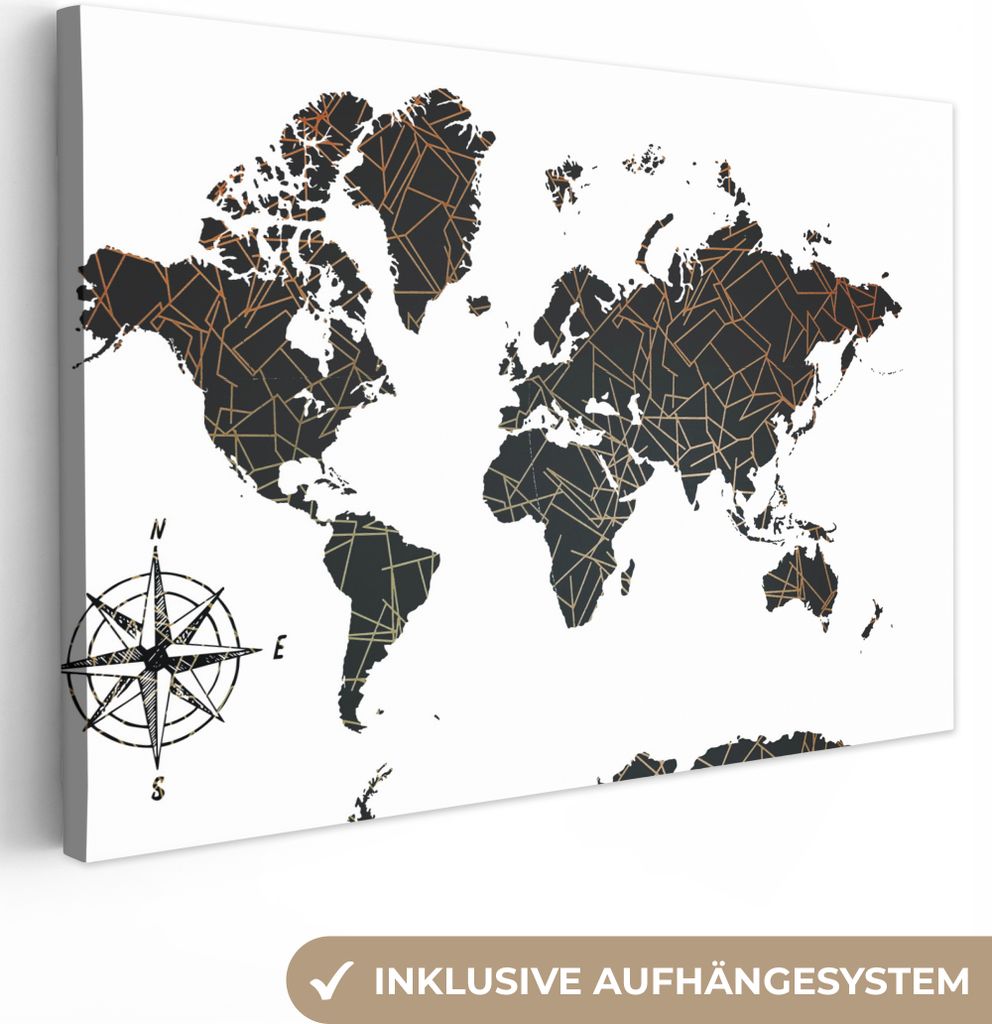 OneMillionCanvasses - Leinwandbilder - 150x100 cm, Weltkarte - Schwarz - Weiß - Kupfer, Wandbilder Kunstdruck Wanddekoration