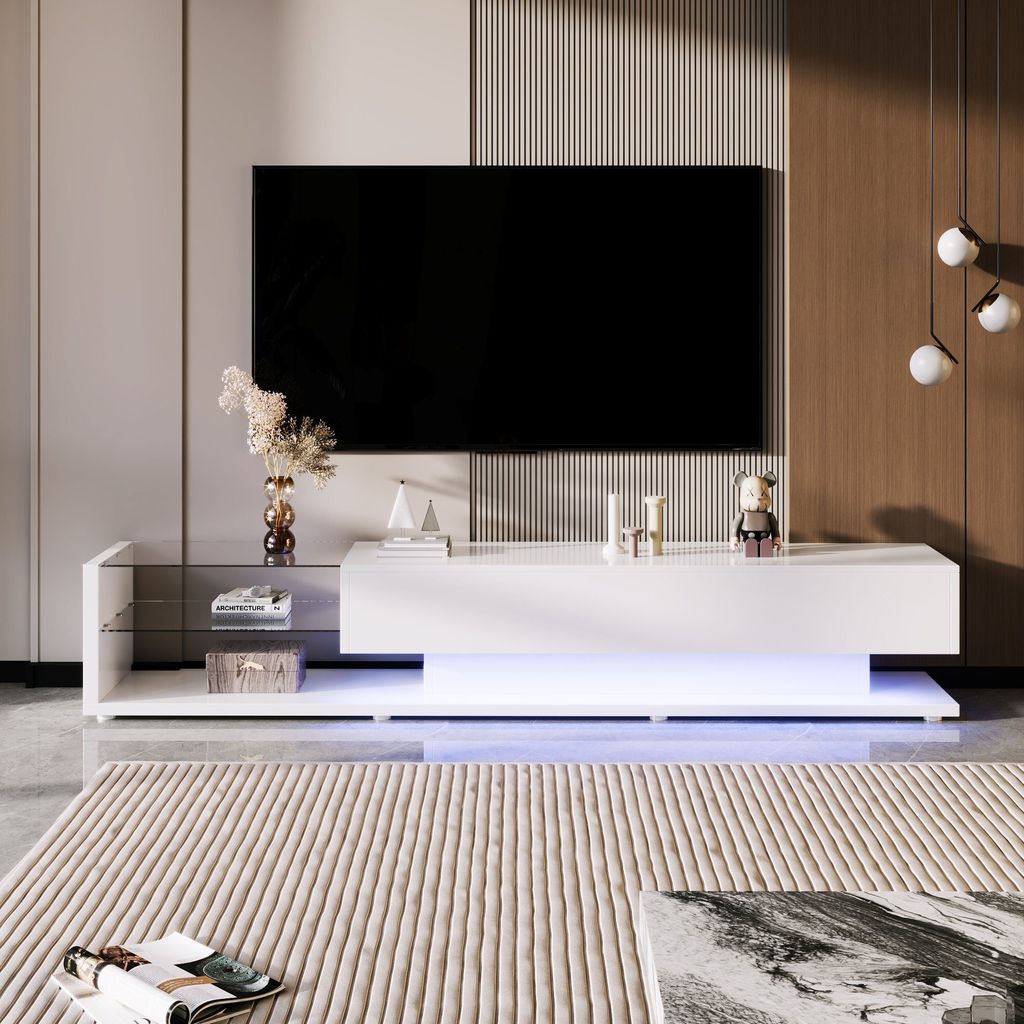 Odikalo TV-Schrank Lowboard Fernsehschrank hochglänzende Glastrennwand 16-LED Weiss