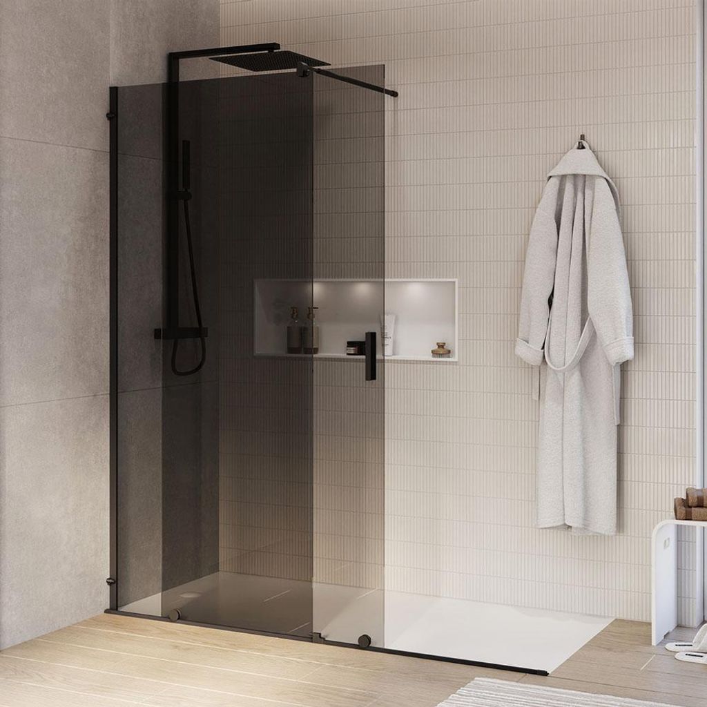 Duschabtrennung Walk-In Nano NT101 - Mit Schiebetür - Schwarz matt - Graues Glas - 8 mm - Breite wählbar, Breite Walk-In:1600mm