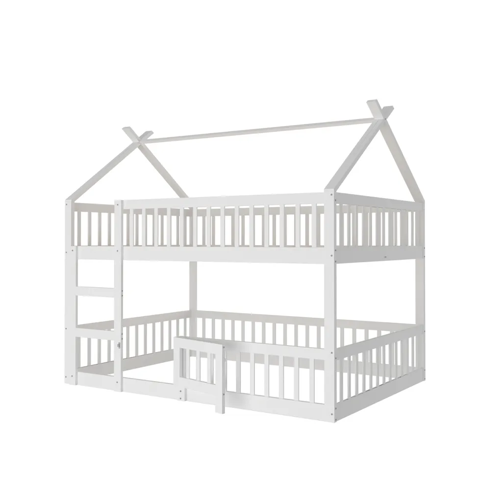 Lit Enfant Cabane Blanc 140x200cm, Lit Simple Surélevé en Bois et Échelle