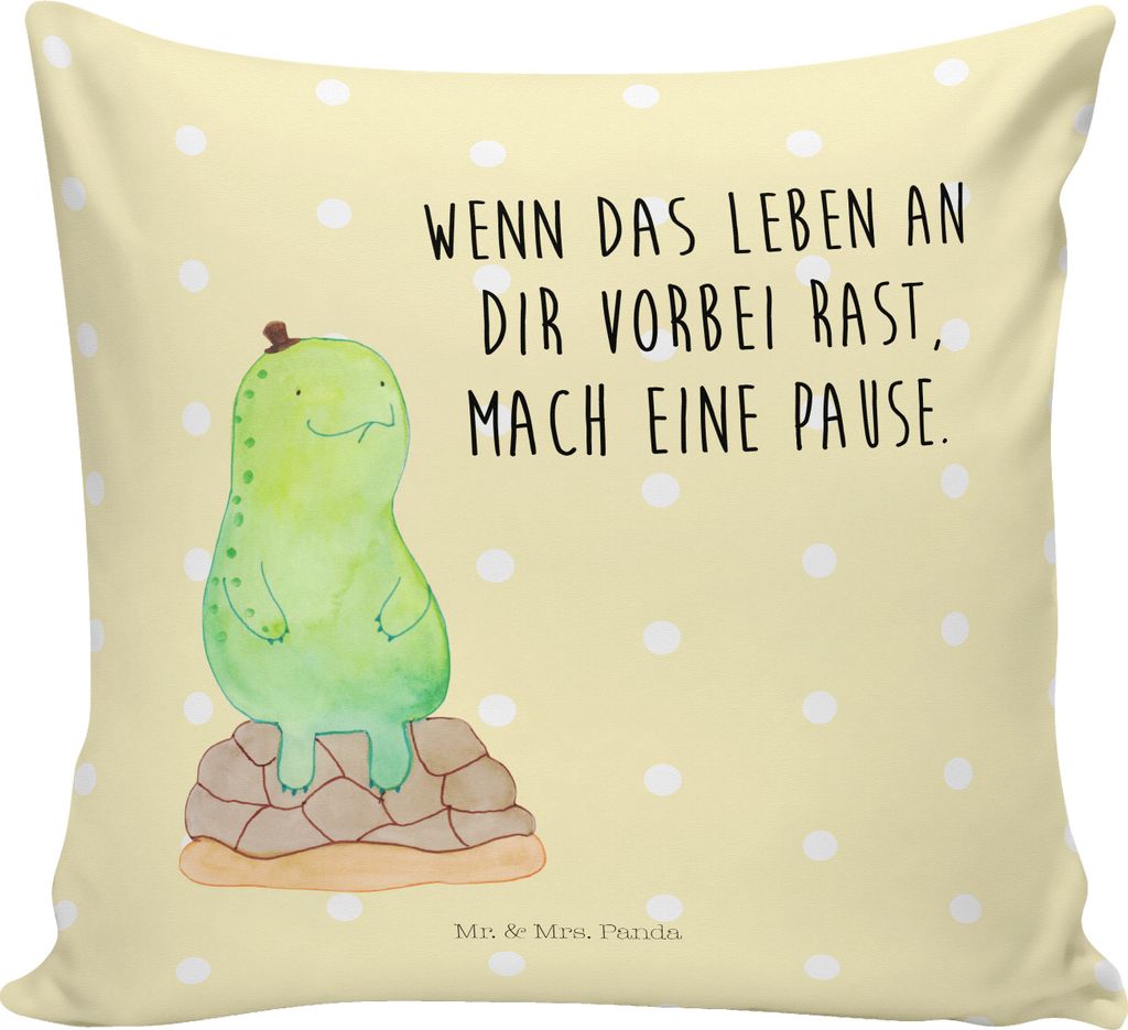 Mr. & Mrs. Panda Sofa Kissen Schildkröte Pause - Gelb Pastell - Geschenk, Kuschelkissen, Deko, Achtsamkeit, 40x40, Dekokissen, Achtsam