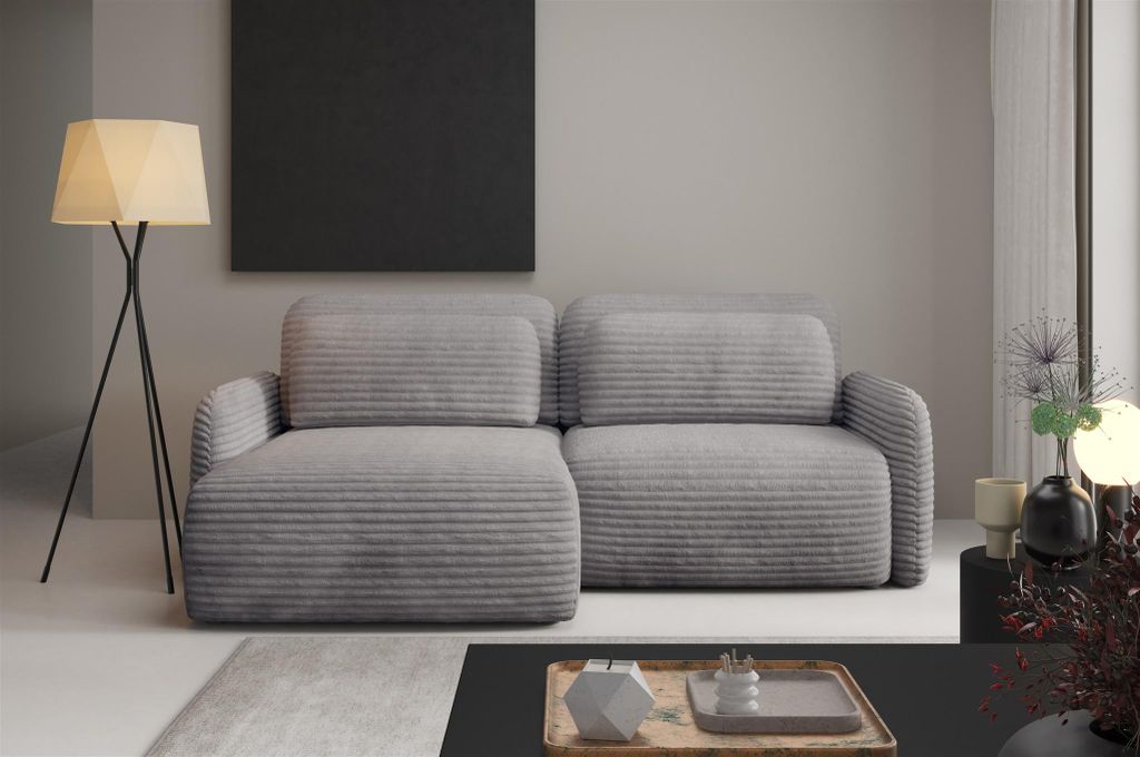 Ecksofa Schlafsofa Sofa SIMONE in Stoff Ambience Grau Ottomane Links