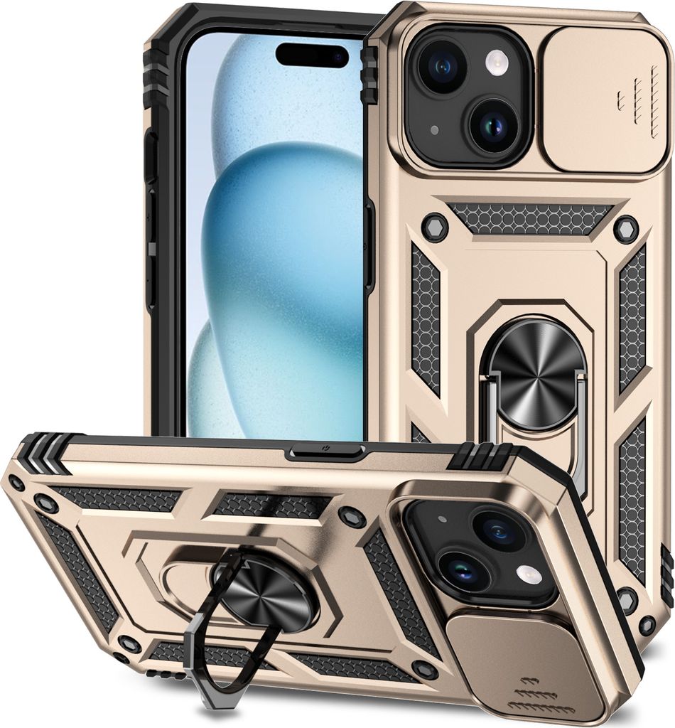 iPhone 15 Hülle mit Schiebe Kamera Schutz und Ringhalter Ständer Robust Rüstung Schutzhülle für iPhone 15 Gold