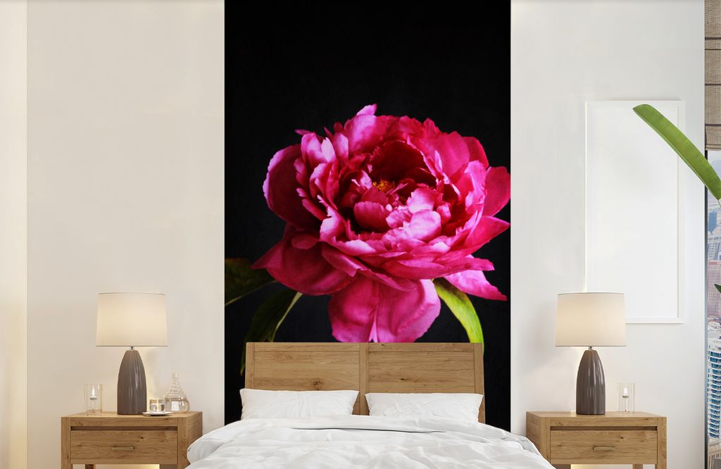 MuchoWow Fototapete für Wohnzimmer oder Schlafzimmer Wandtapete Vinyl Motivtapete Dunkelrosa Pfingstrose - 120x240 cm - Hintergrundbild