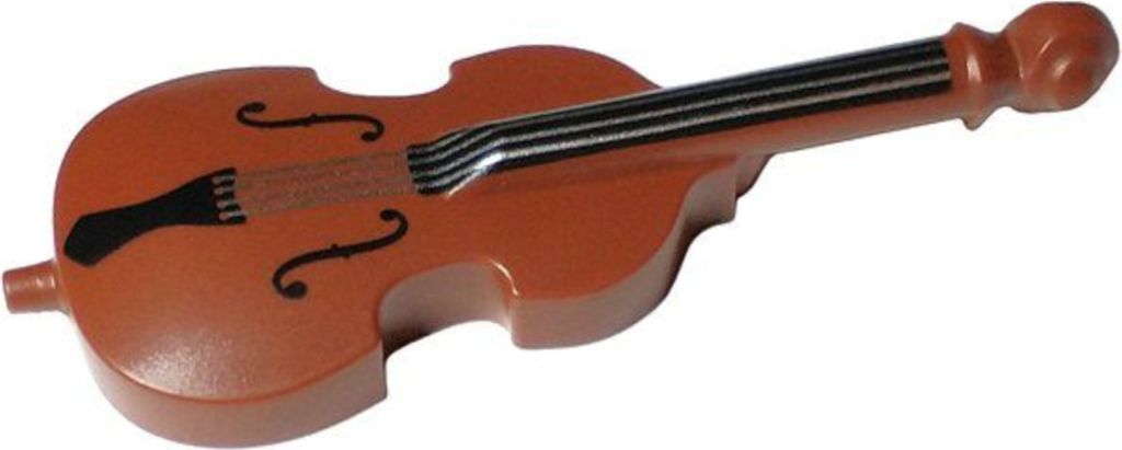 A brown violin with black and gray strings on a white background.