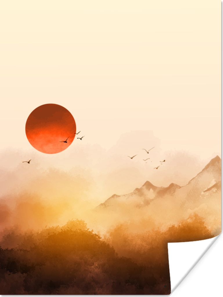 MuchoWow Poster Malerei - Sonne - Landschaft - Vögel 90x120 cm - Wohnzimmer