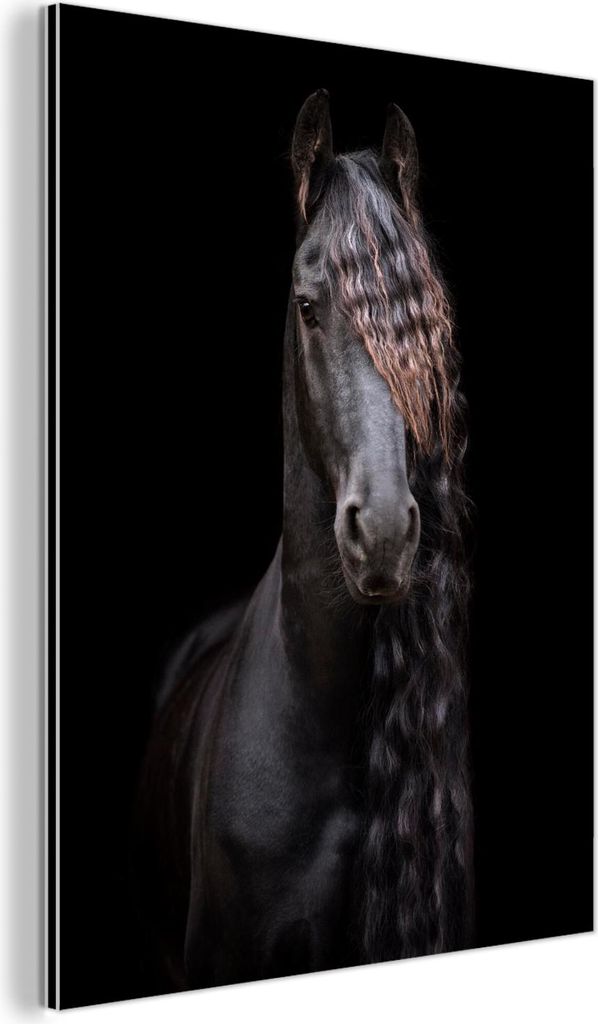 MuchoWow Wanddekoration Metall Metallbild Wandkunst 90x120 cm Pferde - Friesisch - Mähne - Schwarz - Tiere MuchoWow Aluminium Gemälde - Industrial