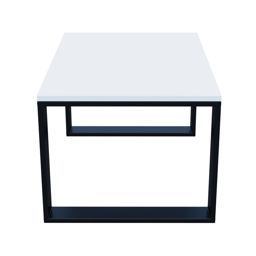 A white coffee table with black legs and a shelf underneath, isolated on a white background.