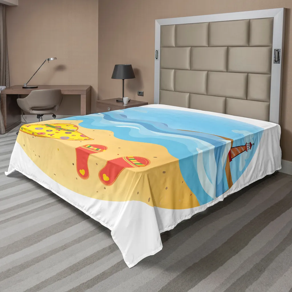 Drap de Lit Supérieur Imprimé Vagues et Phare pour Chambre Décorative