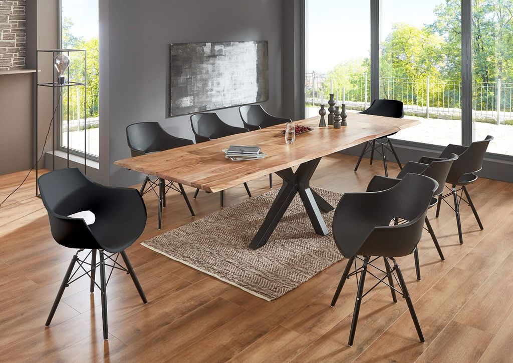 9tlg. 200 (300) x 100 cm Spencer, Akazienholz naturfarben & massiv, Baumkantentisch mit 2 Ansteckplatten, Spider-Gestell schwarz + 8X Schalenstuhl ...