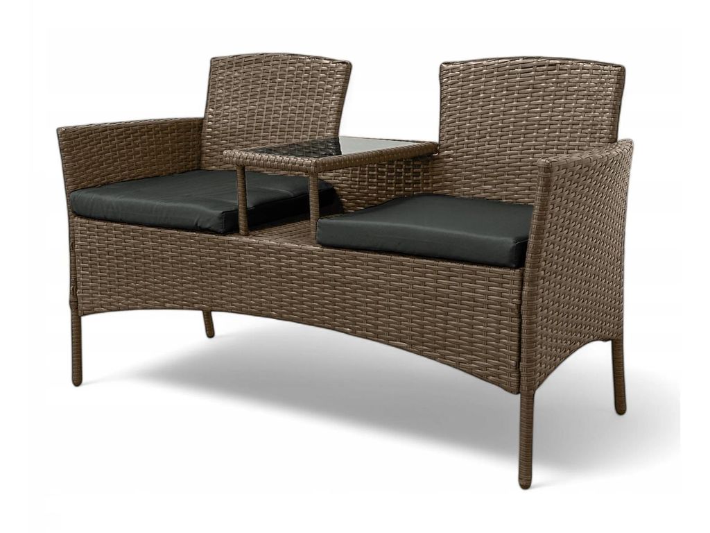 BETTSO Polyrattan Gartenbank ARNA 2-Sitzer Hellbraun - Gartensofa mit Tisch & Kissen Graphit - Wetterfest & Robust - für Balkon & Terrasse - 140cm