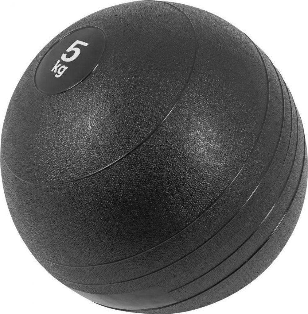 A black slam ball with '5 kg' marked on it, shown against a white background.