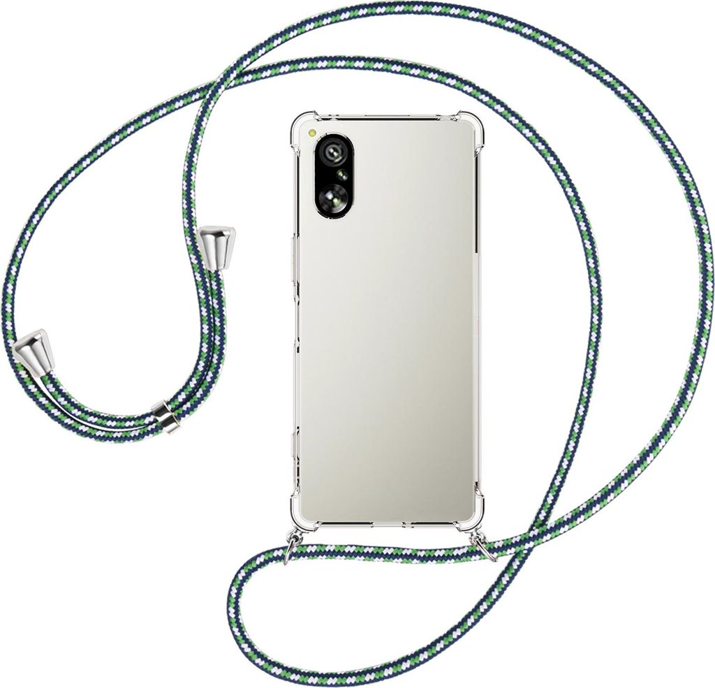 Handykette Backcover-Schutzhülle mit Band (Metall silberfarben) für Sony Xperia 5 V (6.1'') - grün/blau/weiß