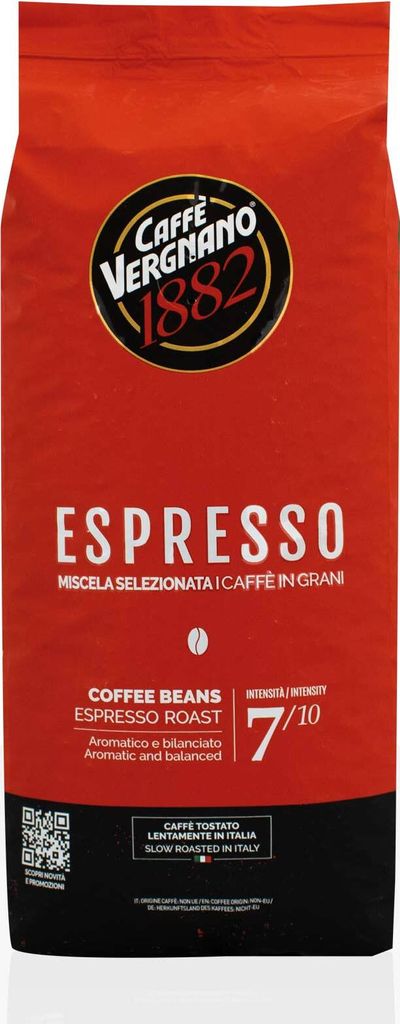 A bag of Caffè Vergnano 1882 Espresso coffee beans.