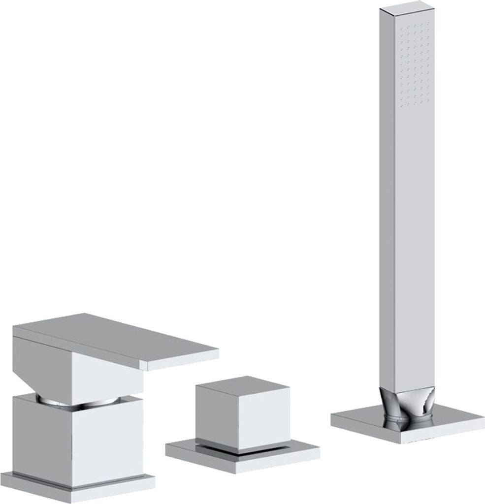 BOFLER Design 3-Loch Wannenrandarmatur "QUADRO", Hebelmischer, eckig, Umsteller, Schwallauslauf, Handbrause, Brausehalter, Messing, verchromt