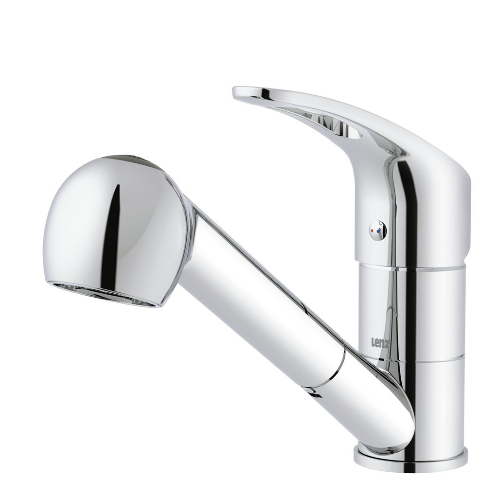 A chrome kitchen faucet with a pull-out spray head is shown against a white background.