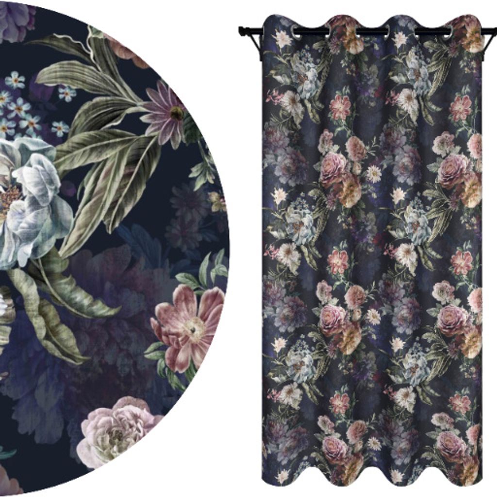 A close-up of a floral curtain pattern next to a full curtain.