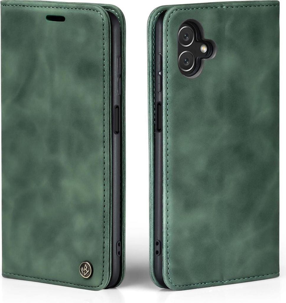 A green flip cover phone case for a Samsung Galaxy A05 is shown from two angles.