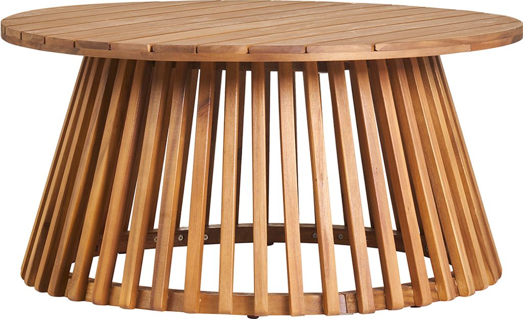 A round, wooden coffee table with a slatted top and a tapered base made of vertical wooden slats.